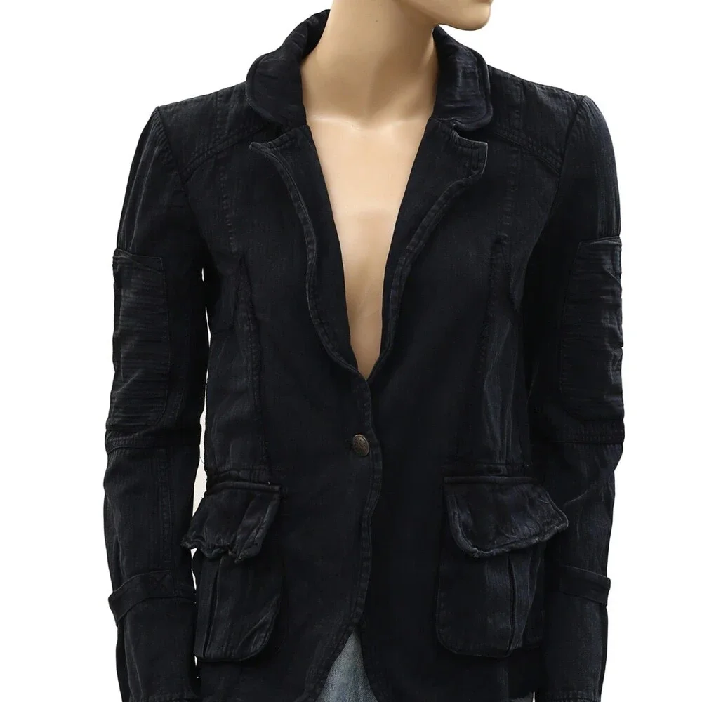 Free People Harlow Jacket Blazer Coat Top Long Sleeves Black Cotton XS 288218